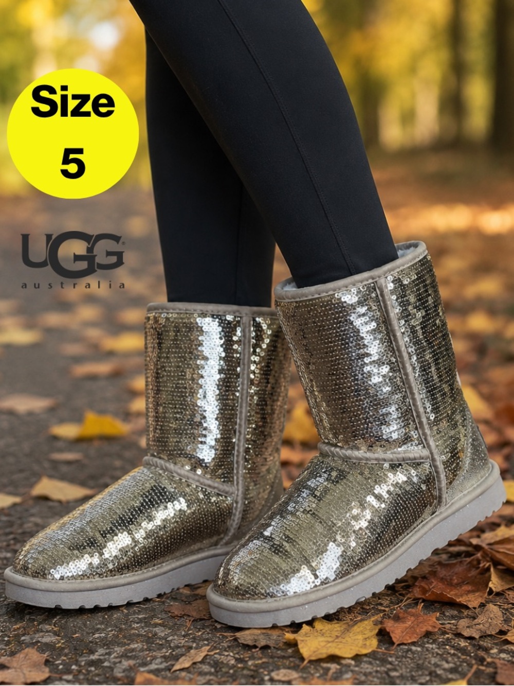 UGG 🌟 Women’s Glittering Gold Sequin Pull-On Fur Boots (Size 5)